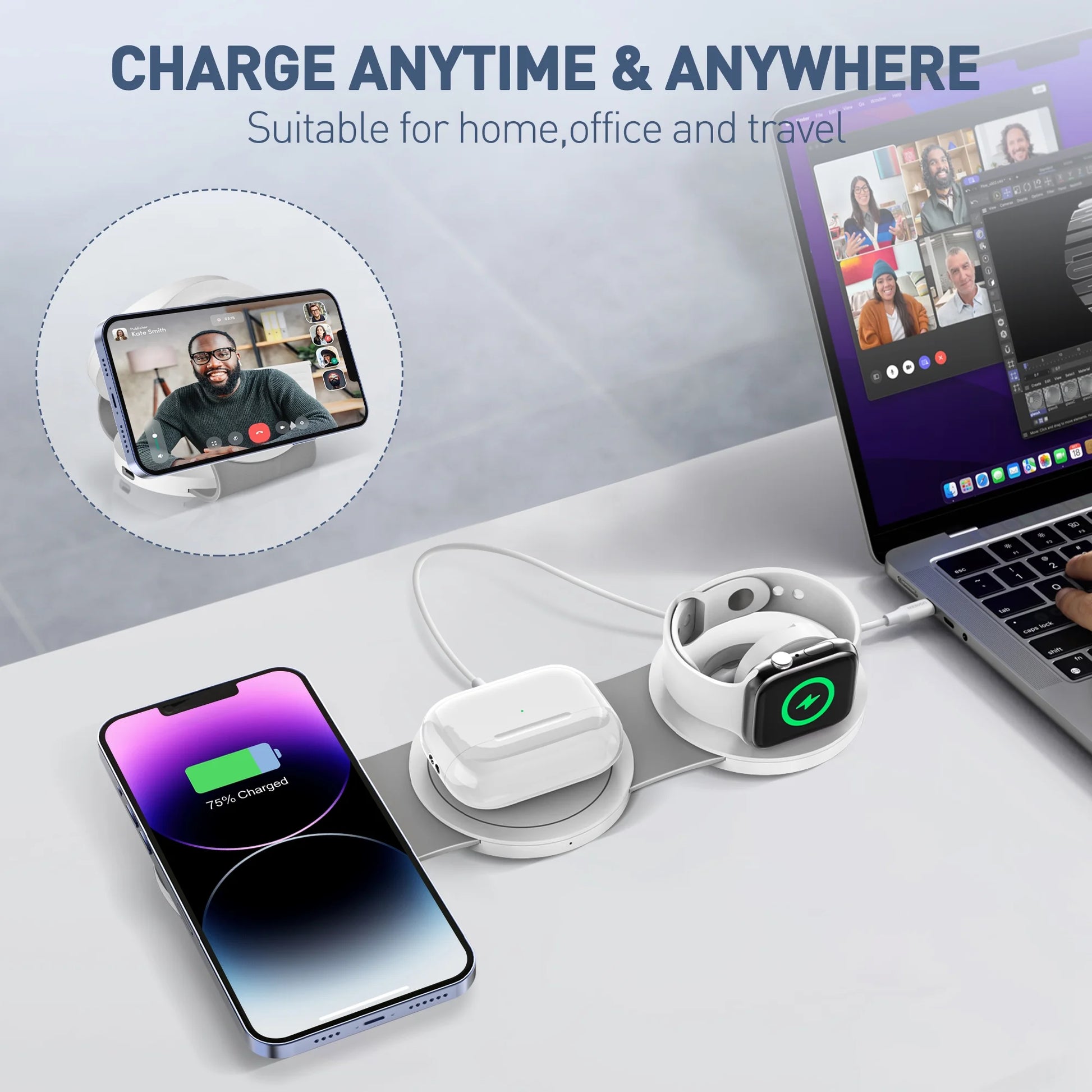 3-in-1 Fast Wireless Charger for iPhone, Apple Watch & AirPods – 15W Charging Stand